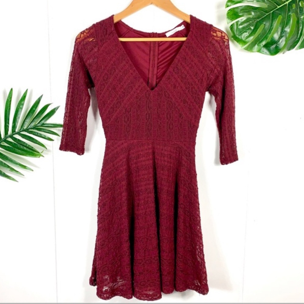 LUSH Maroon Lace 3/4 Sleeve Skater Dress